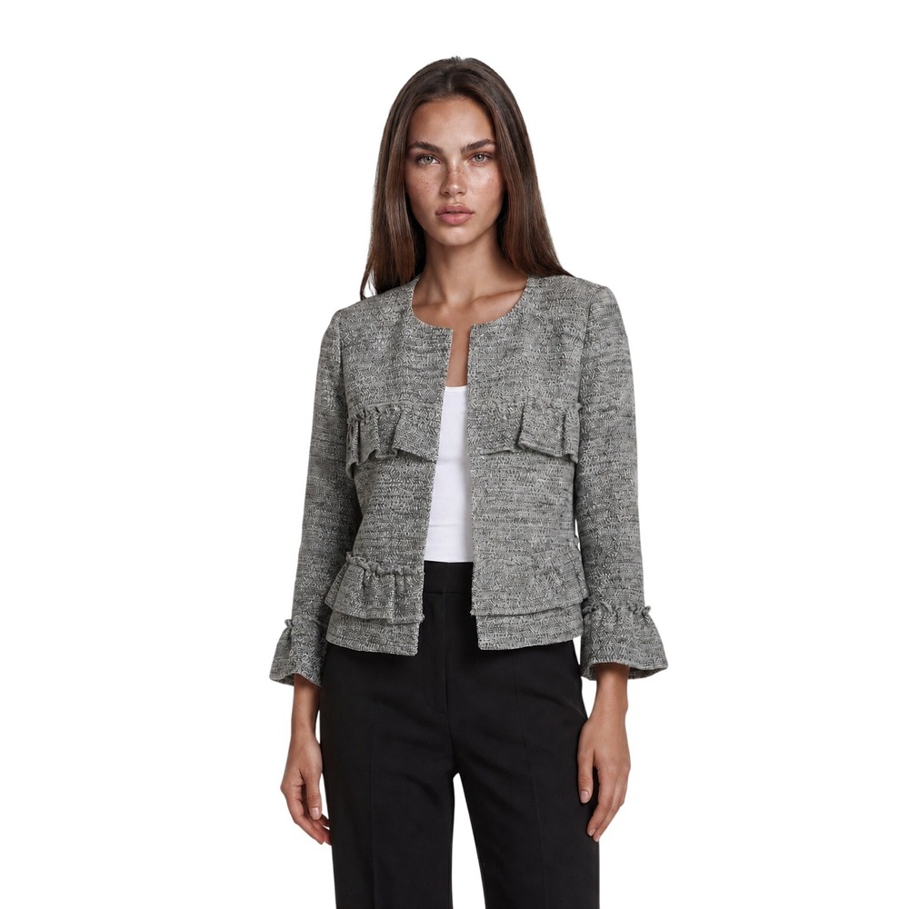 LOFT Tweed Jacket Women's Size 10 Black White Ruffle Tiered Boucle Blazer
